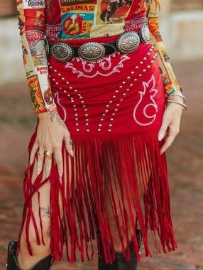 NWT Red Stretch Suede Boot Stitch Embroidered Studded Skirt With Fringe